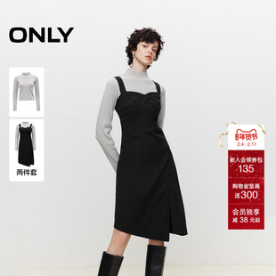 ONLY冬季优雅通勤套装显瘦开叉中长款连衣裙女|124407009