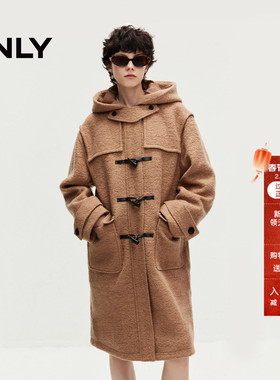 ONLY冬季含绵羊毛牛角扣连帽长款毛呢大衣女|12436U001