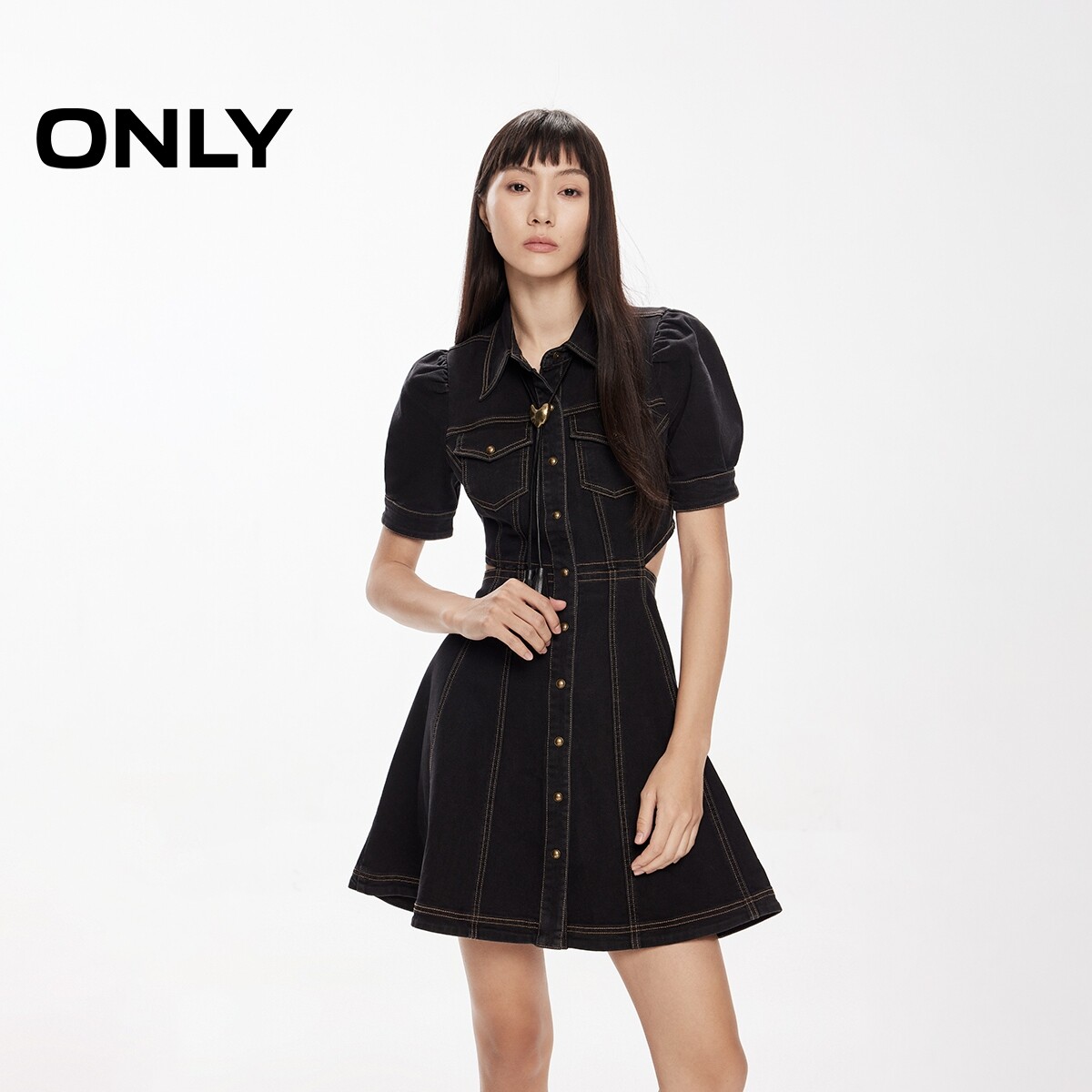 ONLY夏季辣妹风翻领短袖泡泡袖A字显瘦短款裙子牛仔连衣裙女