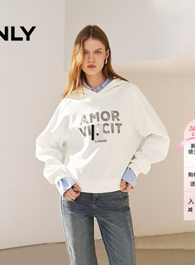 ONLY冬季运动休闲亮片字母宽松落肩连帽卫衣女|12439S023