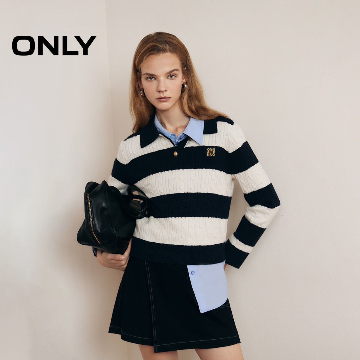 ONLY春季含羊毛航海系学院风条纹翻领宽松毛衣针织衫上衣女