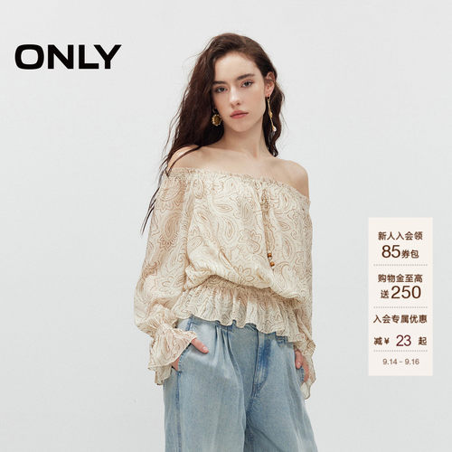 ONLY一字肩荷叶边蕾丝衫上衣
