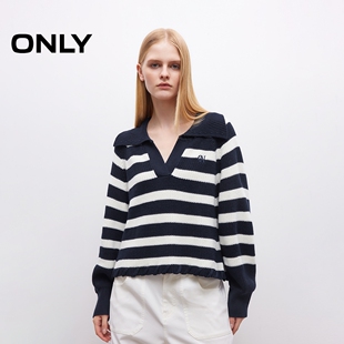 针织衫 饰边海军风大翻领条纹插肩袖 上衣女 衣摆绳带装 ONLY春季