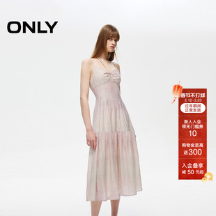 【油画裙】ONLY夏季轻薄飘逸亚麻仙女度假风碎花挂脖系带连衣裙女