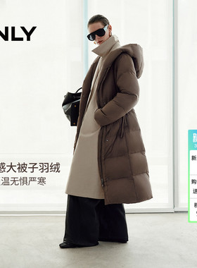 ONLY2025冬季新款腰部显瘦系带90白鸭绒纯色连帽宽松长款羽绒服女