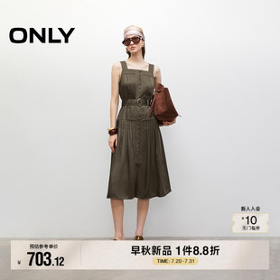 ONLY2025夏季 收腰中长裙百褶连衣裙女 新款 复古缎光面料方领无袖