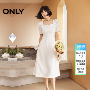 ONLY2026春季新款气质复古方领纯色公主收腰泡泡袖中长款连衣裙女