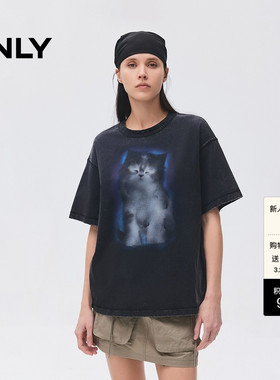 ONLY夏季可爱宠物小猫图案柔软透气圆领落肩宽松T恤女
