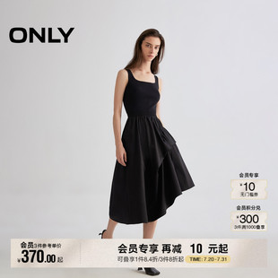 连衣裙女 ONLY2025夏季 新款 法式 方领舒适亲肤拼接不规则黑色中长款