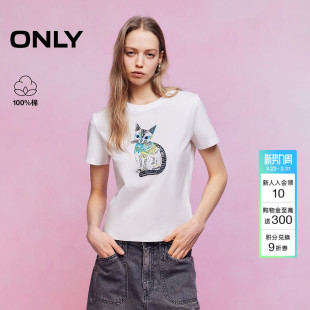 T恤女 纯棉上衣艺术拼贴小猫印花圆领正肩短袖 ONLY2026春季 新款