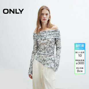晕染印花长袖 性感一字肩个性 弹力捏褶上衣T恤女 新款 ONLY2026春季