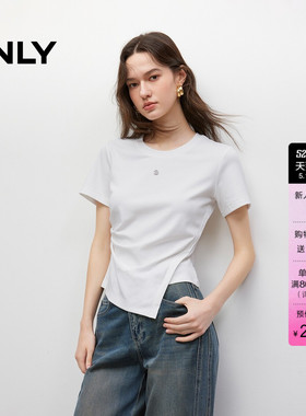 ONLY夏季收腰上衣棉感褶皱金属装饰不对称正肩圆领白色短袖T恤女