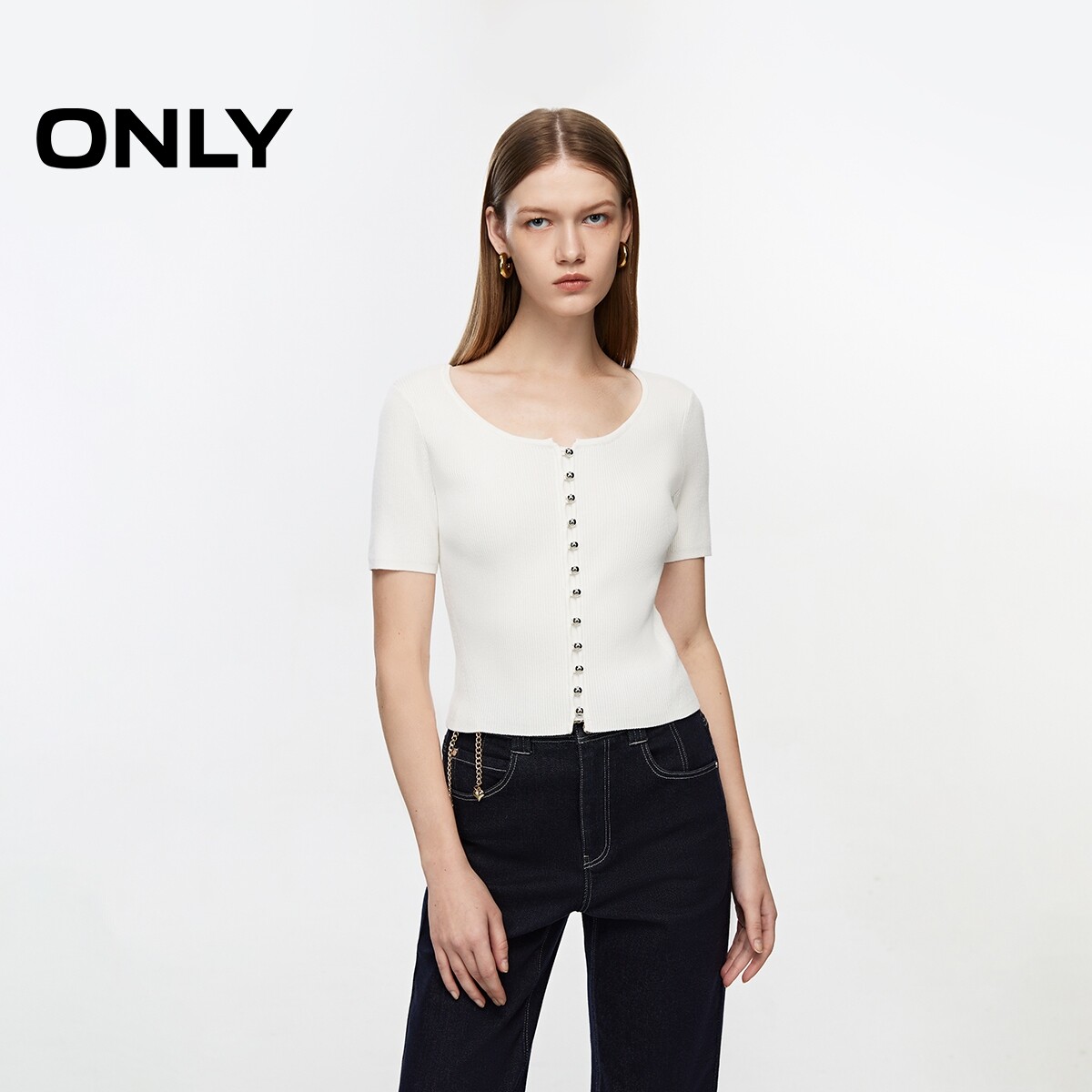 ONLY冬季上衣优雅知性显瘦圆领设计短款修身针织衫女|124324004