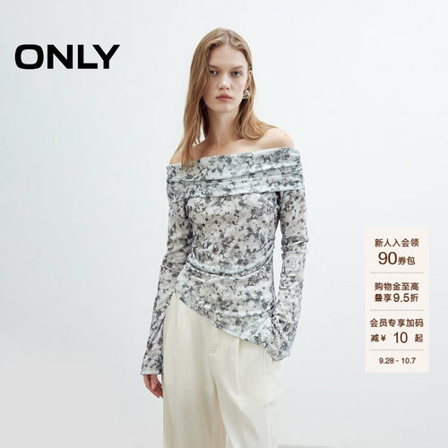 ONLY性感一字肩晕染印花长袖T恤