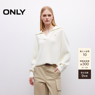 ONLY春季 上衣女 衣摆撞色勾边点缀半开襟翻领宽松插肩针织衫