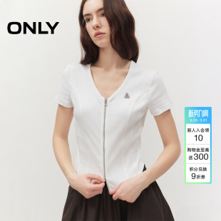 ONLY2026春季 双向拉链显瘦解构拼接收腰V领纯色上衣T恤女 新款