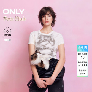 纯棉上衣猫咪印花正肩圆领短袖 新款 ONLY2026春季 T恤女 萌宠T
