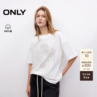 上衣酷感字母印花OVERSIZE落肩圆领短袖 T恤女 新款 ONLY2026夏季