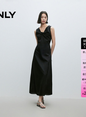 ONLY夏季优雅立体纽结V领收腰显瘦无袖裙子黑色长裙连衣裙女