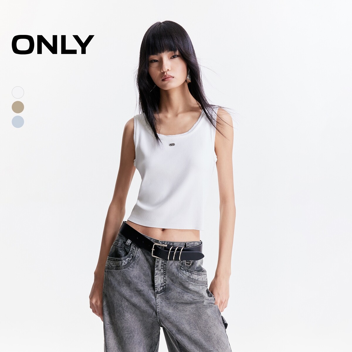 ONLY夏季大U领宽肩带显瘦领边织花金属装饰背心针织衫上衣女