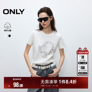 做旧印花短袖 纯棉透气软糯个性 圆领正肩T恤女 新款 ONLY2025秋季