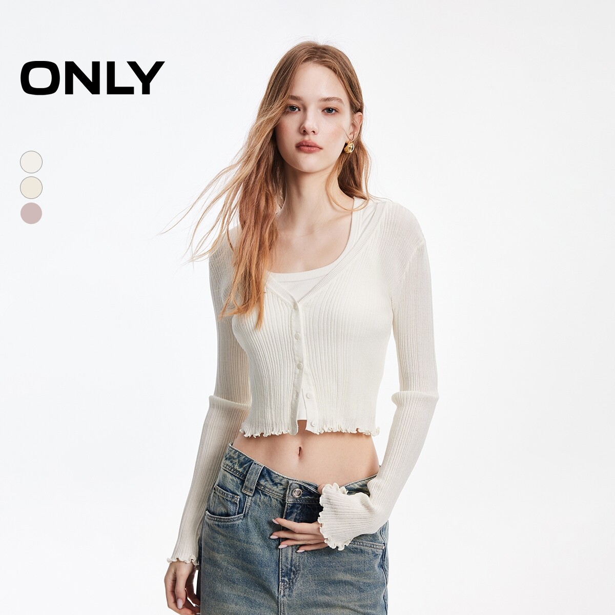 ONLY2026春季新款修身轻薄木耳边装饰V领舒适开衫针织衫上衣