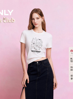 【宠物派对】ONLY26夏季新款猫咪印花圆领短袖短款白色上衣T恤女