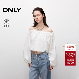 ONLY2025冬季新款甜美一字肩花苞下摆设计宽松短款长袖雪纺衫女