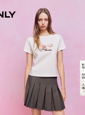 ONLY2026夏季新款纯棉上衣草莓印花贝壳锁边白色短款短袖T恤女