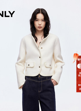 ONLY2025冬季新款双面呢含绵羊毛保暖小香风正肩短款毛呢大衣外套