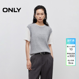 女 针织衫 125345001 上衣麻花织法假两件撞色拼接圆领短袖 ONLY春季