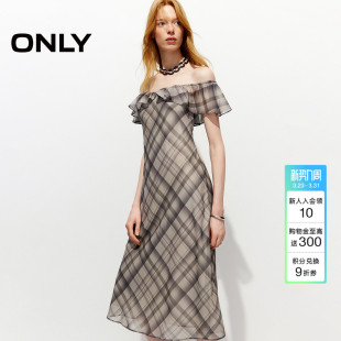 ONLY2026春季 垂感裙子荷叶边一字领两穿系带收腰格子连衣裙 新款