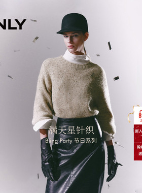 ONLY2026春季新款满幅水钻点缀含绵羊毛落肩圆领长袖针织衫女