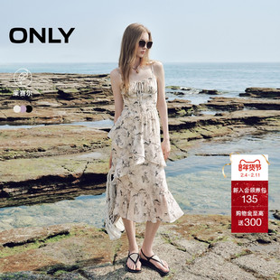 ONLY2025夏季新款波嬉度假风碎花仙女荷叶边收腰吊带长裙连衣裙女