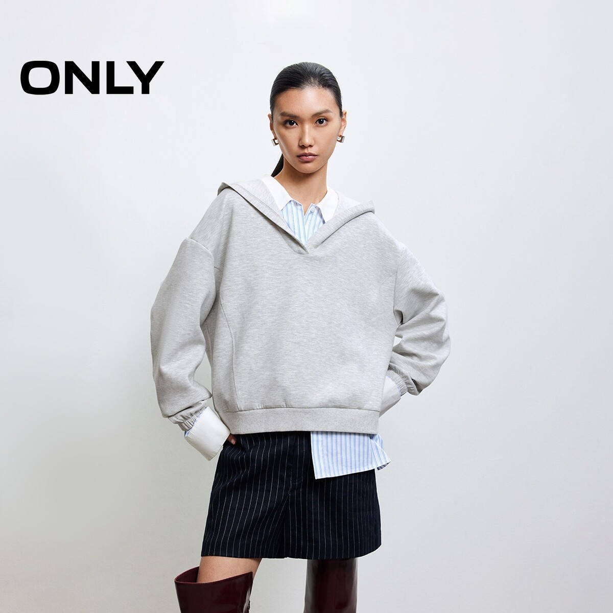 ONLY纯色宽松落肩连帽卫衣