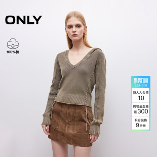 上衣女 针织衫 ONLY春季 腰身系带设计复古做旧连帽V领显瘦短款