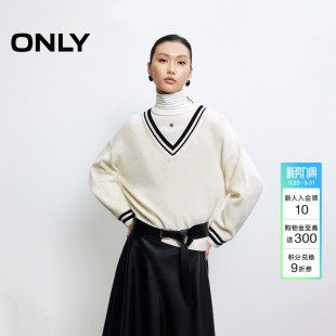 ONLY春季 上衣女 通勤软糯亲肤慵懒撞色V领宽松假两件针织衫