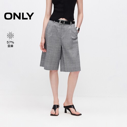ONLY亚麻复古格纹宽松短裤休闲裤