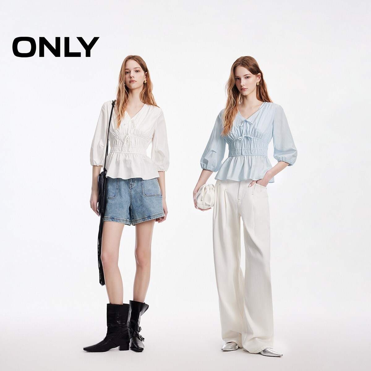 ONLY收腰V领七分袖蕾丝衫