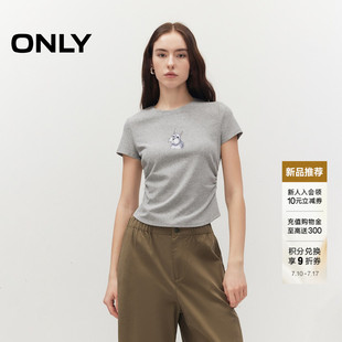 ONLY2026秋季新款显瘦侧腰弹力褶皱收腰圆领小狗印花上衣T恤女