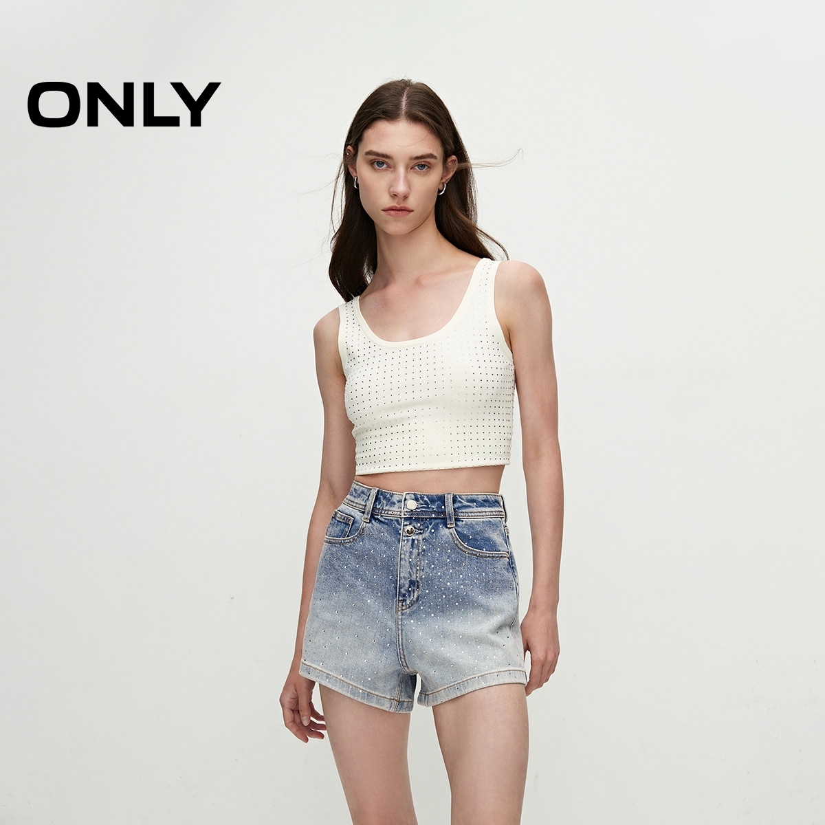 ONLY夏季时尚潮流亮钻装饰高腰短裤牛仔裤女|124243033