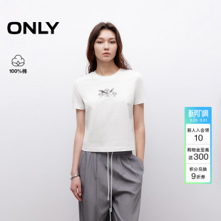 ONLY夏季 精致印花罗纹镶边圆领利落正肩显瘦纯棉T恤女