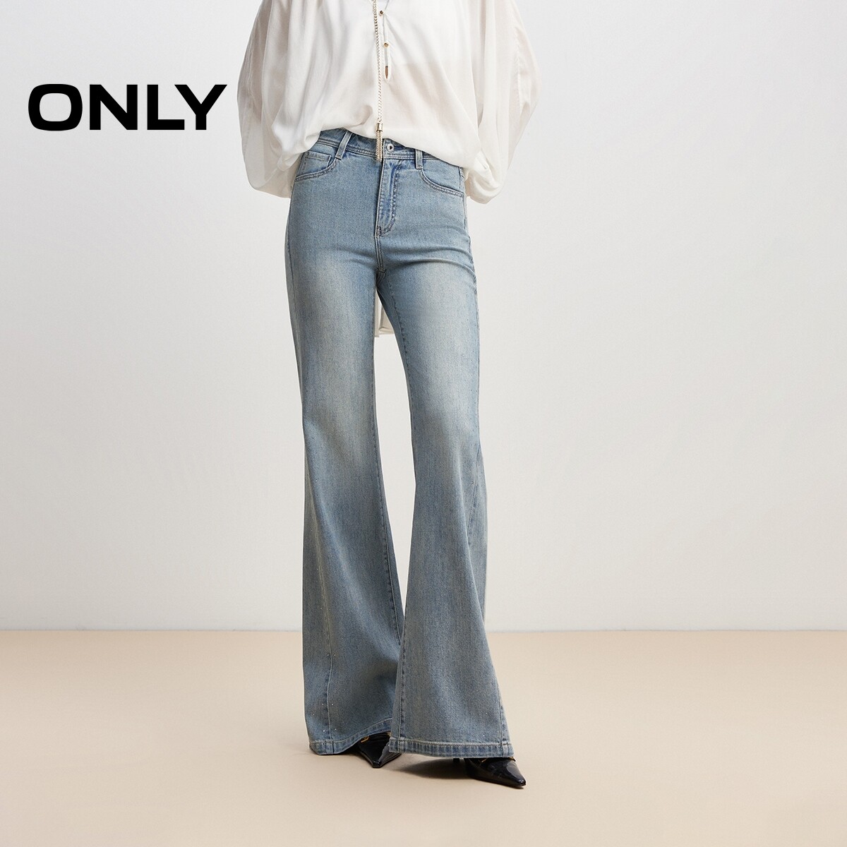 ONLY2026春季新款重工闪耀贴钻复古高腰显瘦长裤喇叭裤牛仔裤