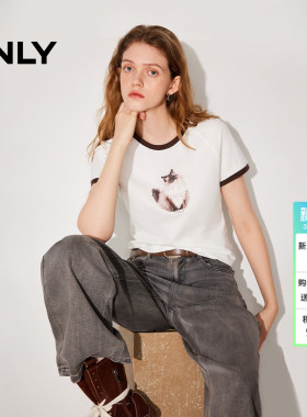 ONLY2026春季新款猫咪动物印花圆领撞色克莱茵蓝色短袖上衣T恤女