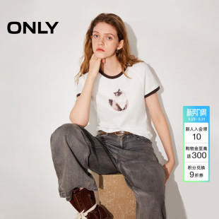 上衣T恤女 猫咪动物印花圆领撞色克莱茵蓝色短袖 ONLY2026春季 新款