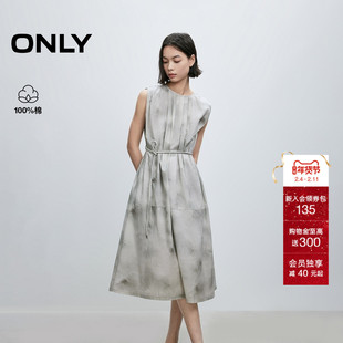 ONLY2025夏季新款淡人后背挖空晕染印花系带收腰纯棉中长连衣裙女