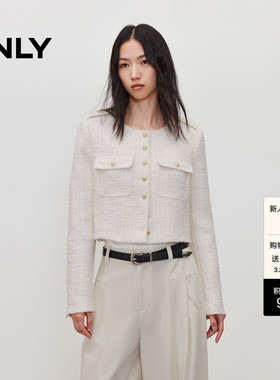ONLY春季利落正肩短款金属纽扣粗花呢圆领小香风外套女