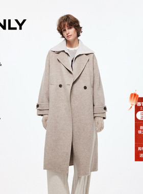 ONLY2025冬季新款双排扣绵羊毛桑蚕丝开叉翻领长款毛呢大衣外套女