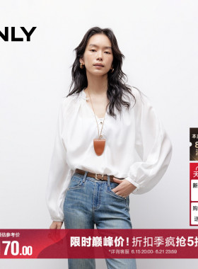 ONLY夏季法式慵懒风日系纯色宽松V领泡泡袖白色雪纺衫上衣女