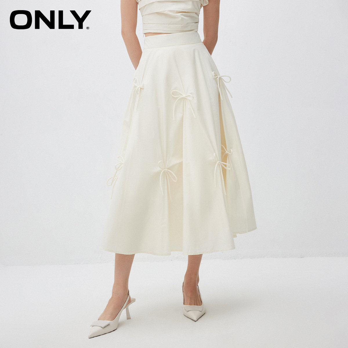 ONLY春夏季优雅仙女蝴蝶结绑带设计中长款黑白色半身裙女